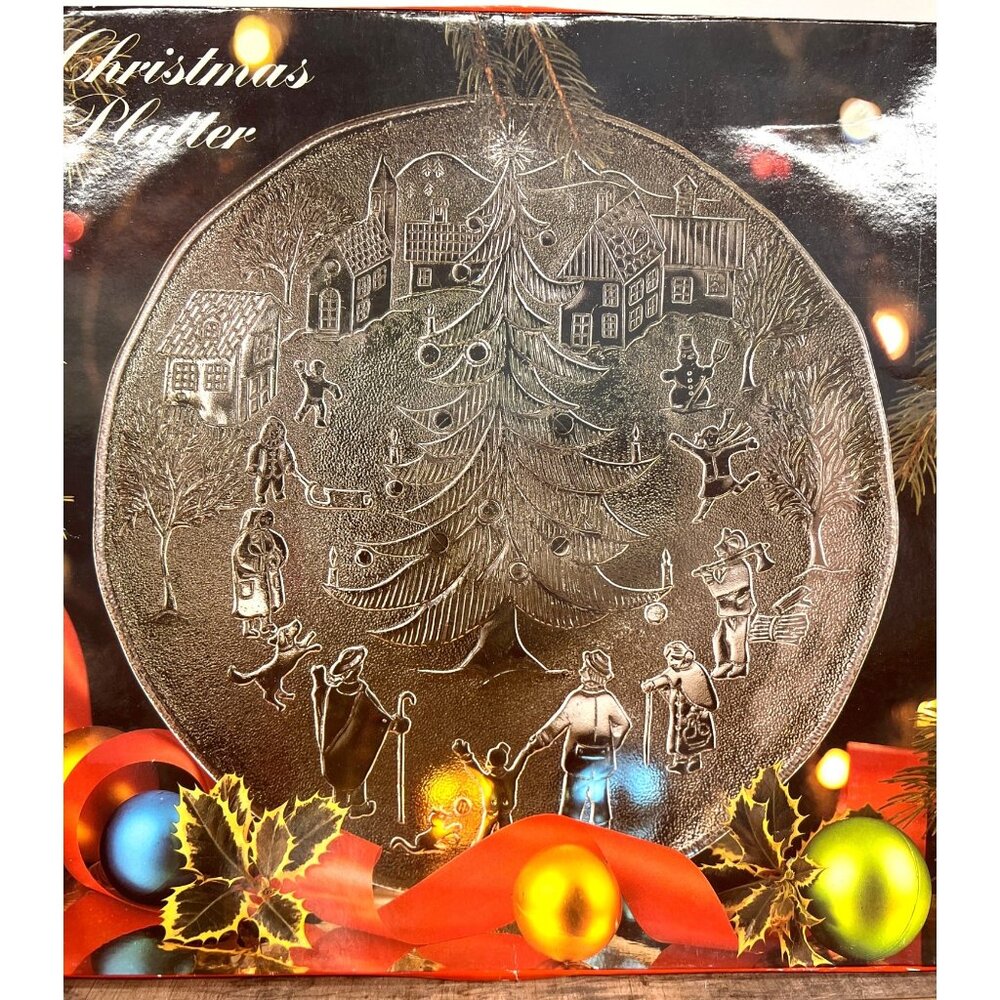 Christmas Crystal Platter With Winter Scene Design - Made In Italy